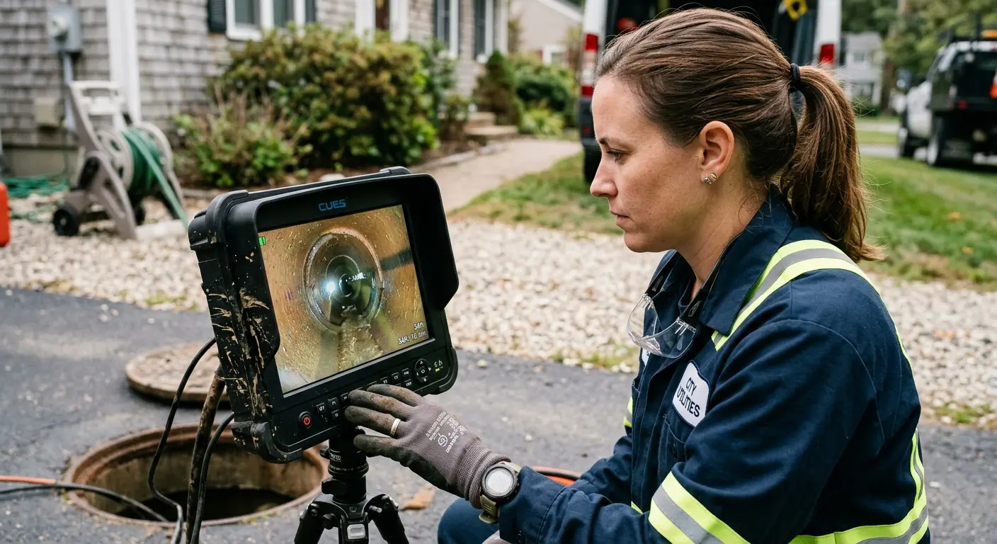 Technician reviewing sewer camera inspection footage in Carlisle