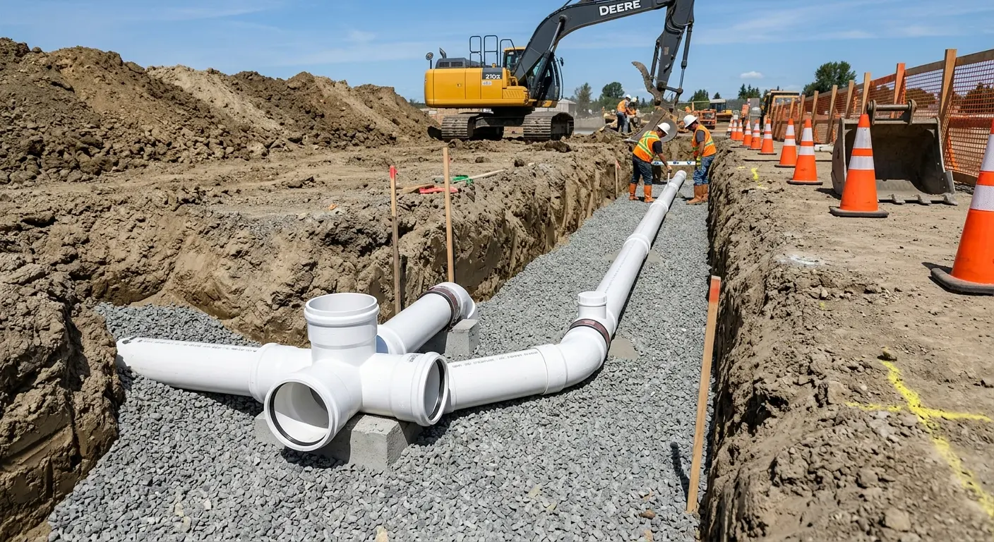 New PVC sewer pipe installation in open trench for Grease Trap Cleaning in Carlisle